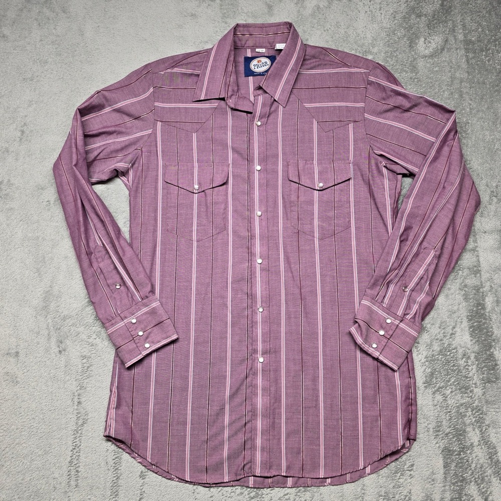 Vintage Prior Western Pearl Snap Shirt Mens 15.5-34 Purple Striped Metallic USA